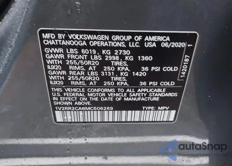 2021 Volkswagen Atlas 3.6L V6 Se W/Technology R-Line from USA, damaged, VIN 1V2RR2CA8MC506269